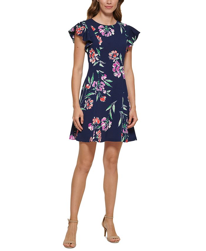 Jessica Howard Petite Floral-Print Flutter-Sleeve Dress - Macy's