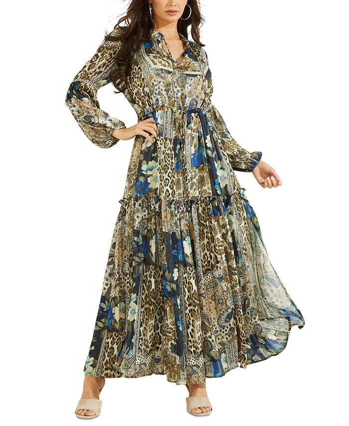 GUESS Women's Domitille Mixed-Print Maxi Dress Macy's