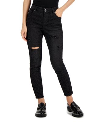 INC International Concepts - Petite Mid-Rise Ripped Animal-Print Skinny Jeans