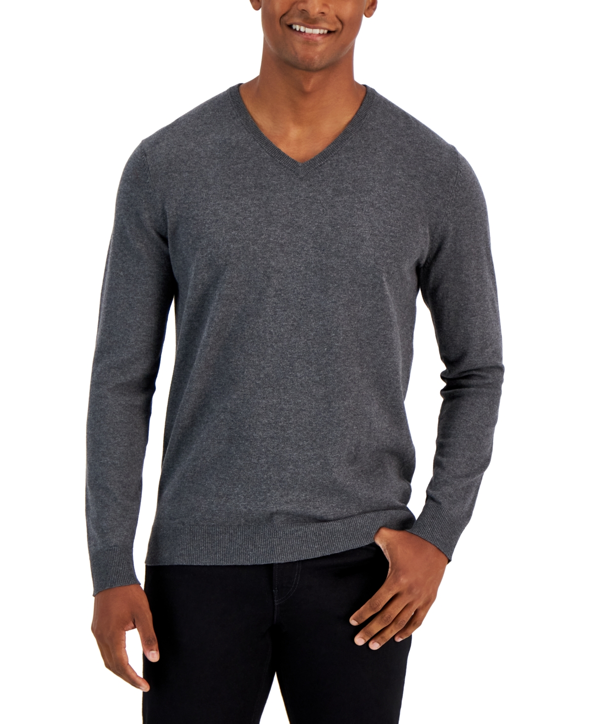 Men's Solid V-Neck Cotton Sweater, Created for Macy's - Twill Heather