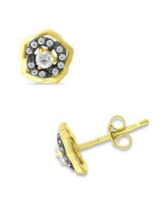 Cubic Zirconia with Black Rhodium Flower Stud Earrings, 18K Gold over Silver