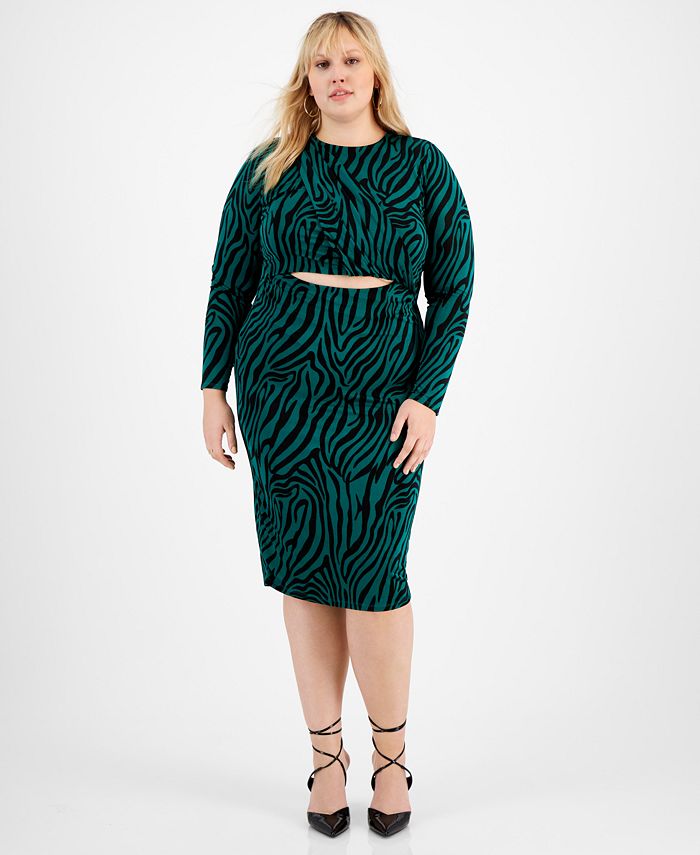 Bar III Plus Size Printed TwistFront Bodycon Midi Dress, Created for