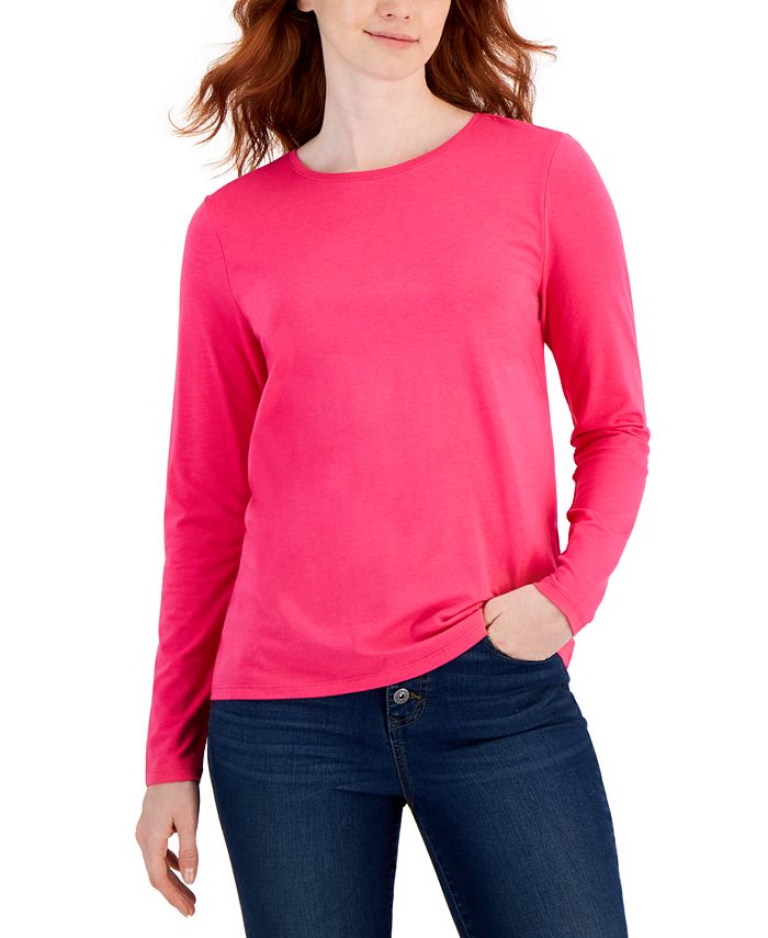 Macy Women Cotton Topswomen's Cotton Long-sleeve T-shirt - Slim Fit, Solid  Color, O-neck