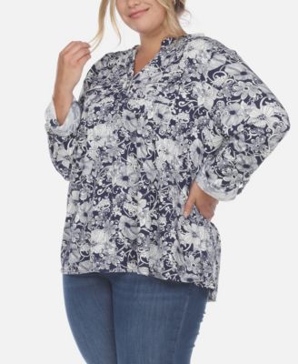 Plus Size Pleated Long Sleeve Floral Print Blouse