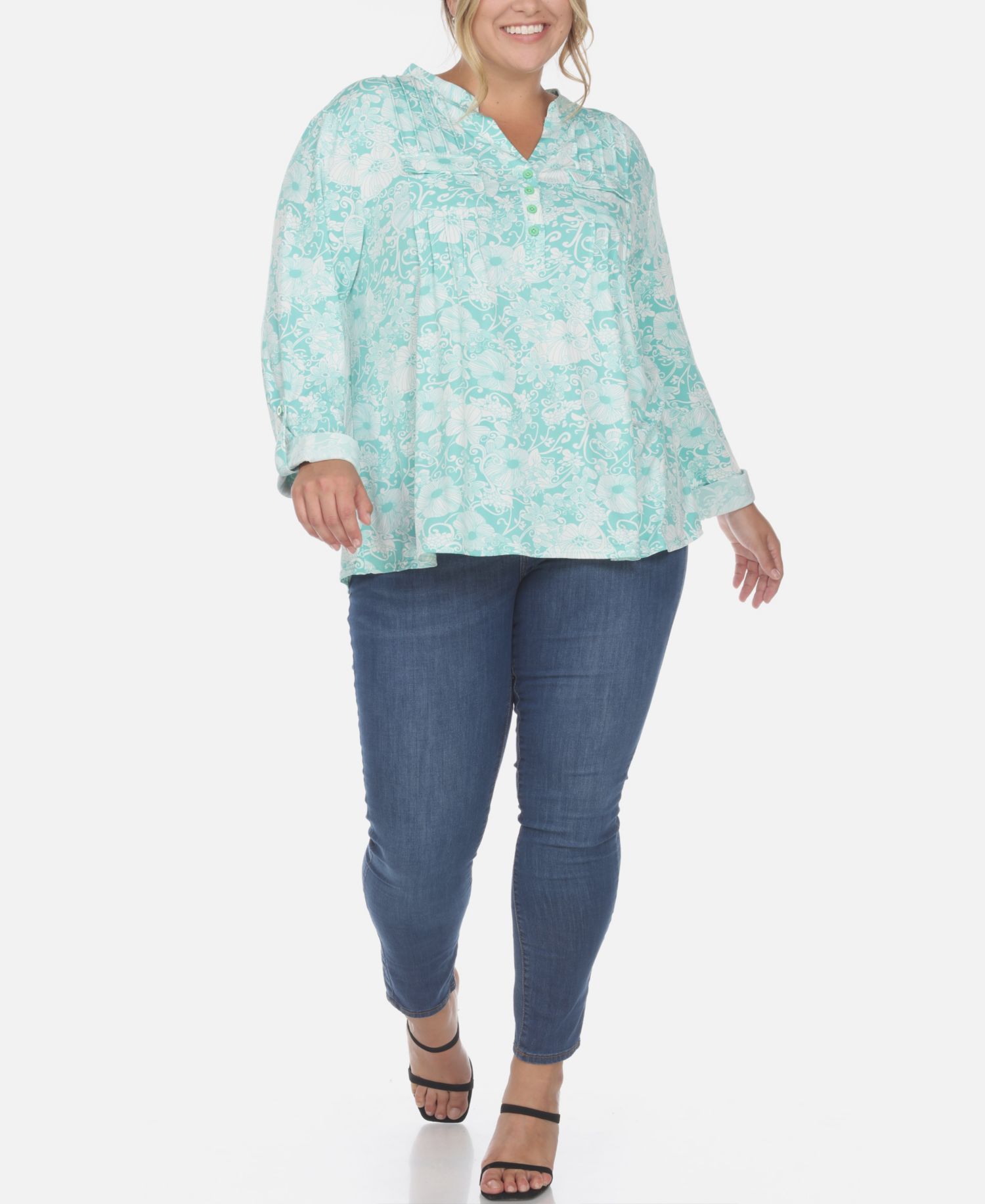Plus Size Pleated Long Sleeve Floral Print Blouse