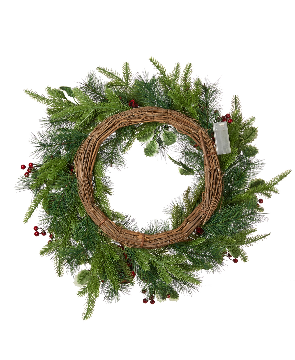 Glitzhome 24" Ornament Berry Holly Pine Wreath with Lights
