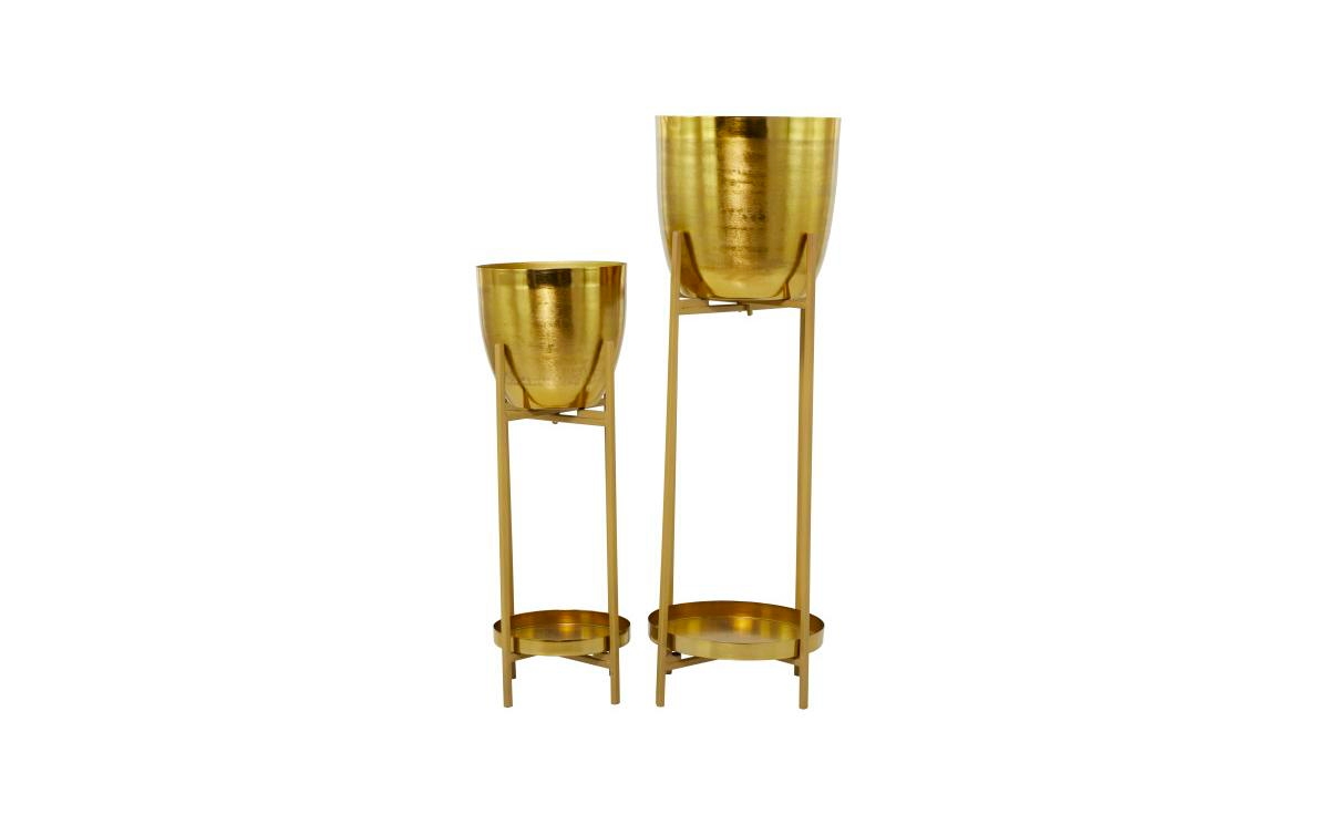 Metal Modern Planters with Stand, Set of 2 - Gold-Tone