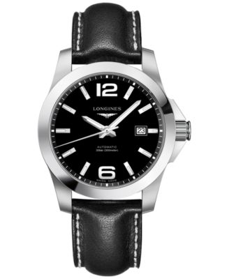 longines men's black leather strap watch