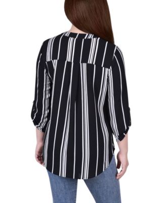 Petite Size 3/4 Push Tab Mandarin Collar Blouse with Front Pleats