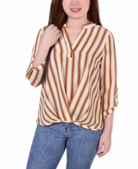 Petite Size 3/4 Push Tab Mandarin Collar Blouse with Front Pleats - Mustard Ivory Stripe