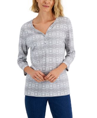 Karen Scott - Women's 3/4-Sleeve Snowflake Henley Top