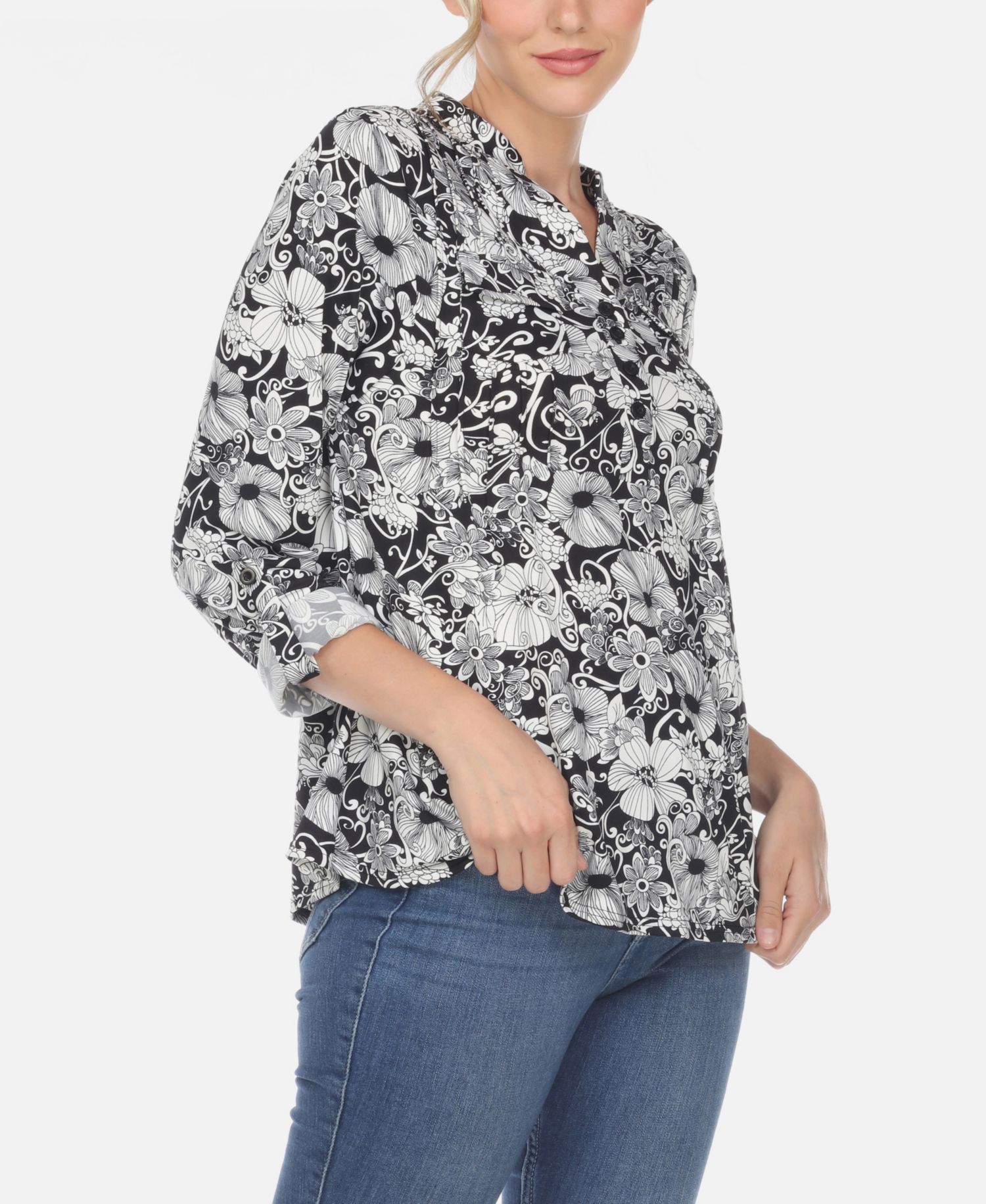 Plus Size Pleated Long Sleeve Floral Print Blouse