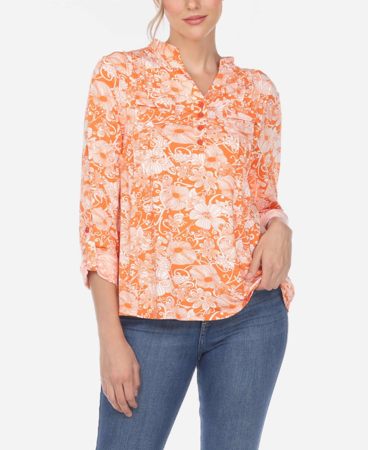 Plus Size Pleated Long Sleeve Floral Print Blouse