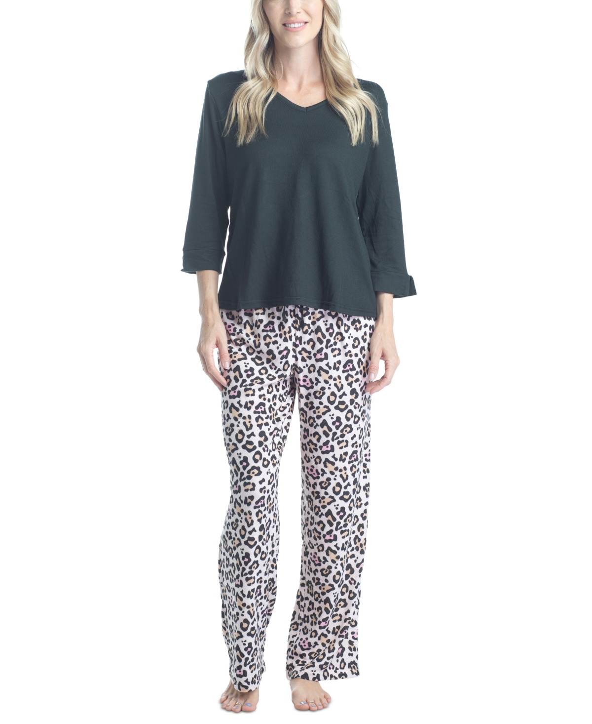 Muk Luks Plus Size 3/4 Sleeve Top & Boot-cut Pajama Pants Set In Black