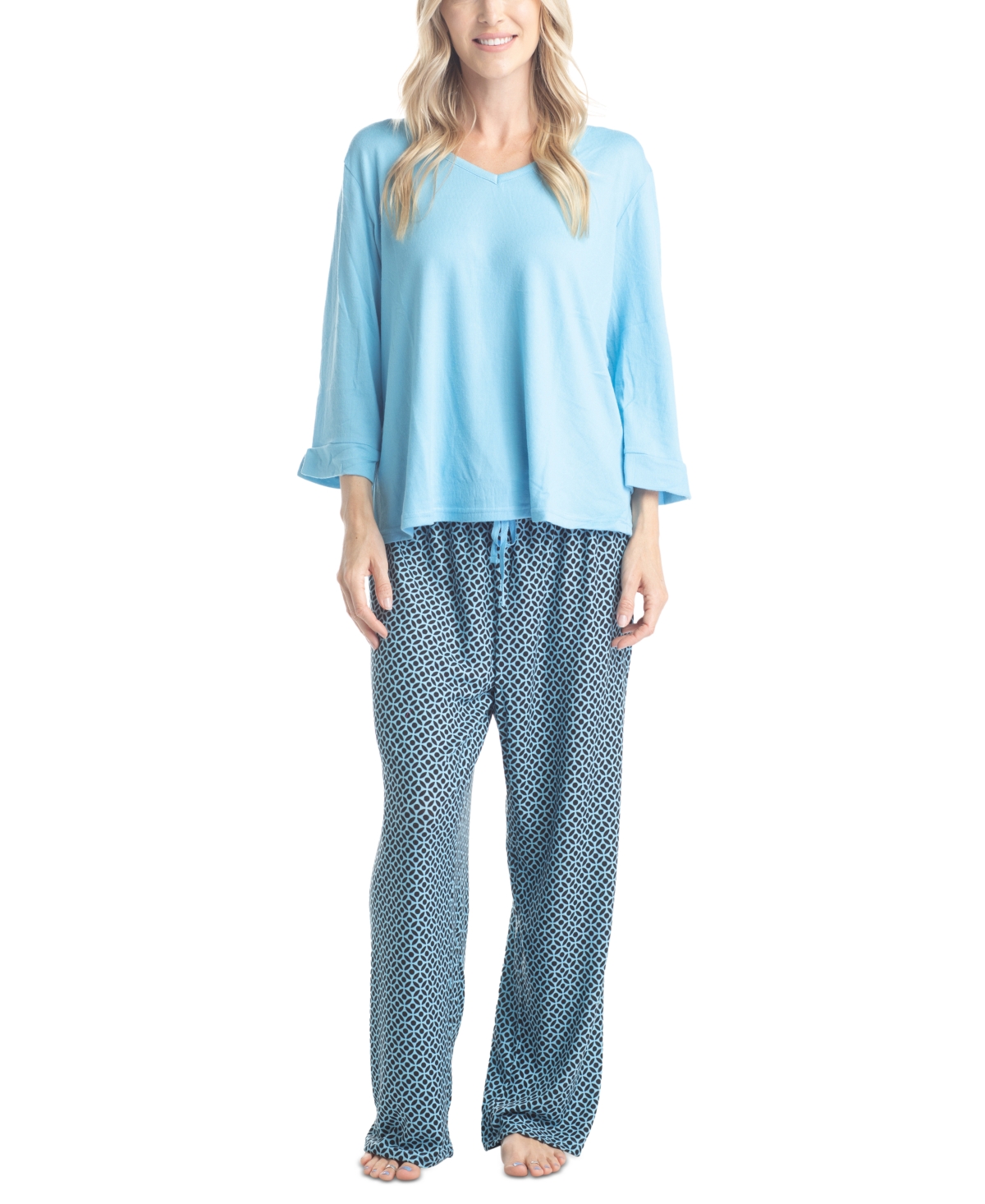 Muk Luks Plus Size 3/4 Sleeve Top & Boot-cut Pajama Pants Set In Teal Paisley