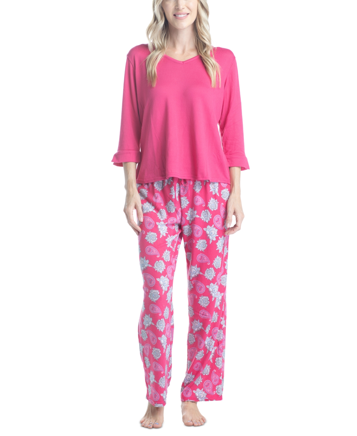 Muk Luks Women's 3/4 Sleeve Top & Boot-cut Pajama Pants Set In Pink Itak