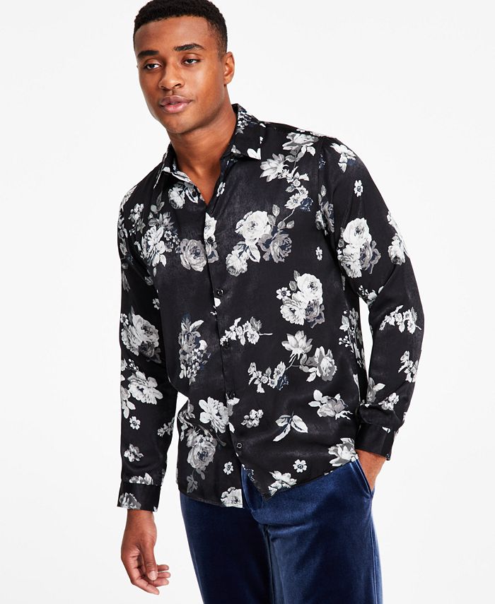 Button Up Shirt Men Black Gold Graphic Contrast Party Long Sleeve