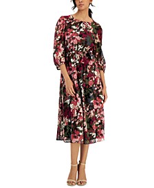 Women's Puff-Sleeve Floral-Print Midi Dress 