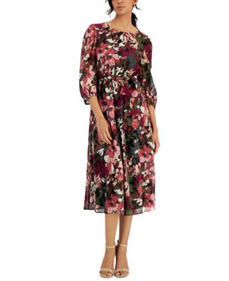 Anne Klein Women's Puff-Sleeve Floral-Print Midi Dress - Macy's