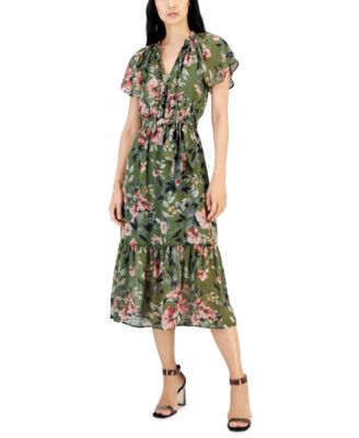 I.N.C. International Concepts - Women's Printed Flutter-Sleeve Tie-Neck Midi Dress