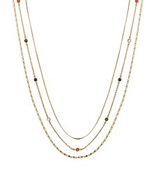 14K Gold Flash Plated Multi Color Cubic Zirconia 3-Piece Layered Chain Necklace Set with Extender