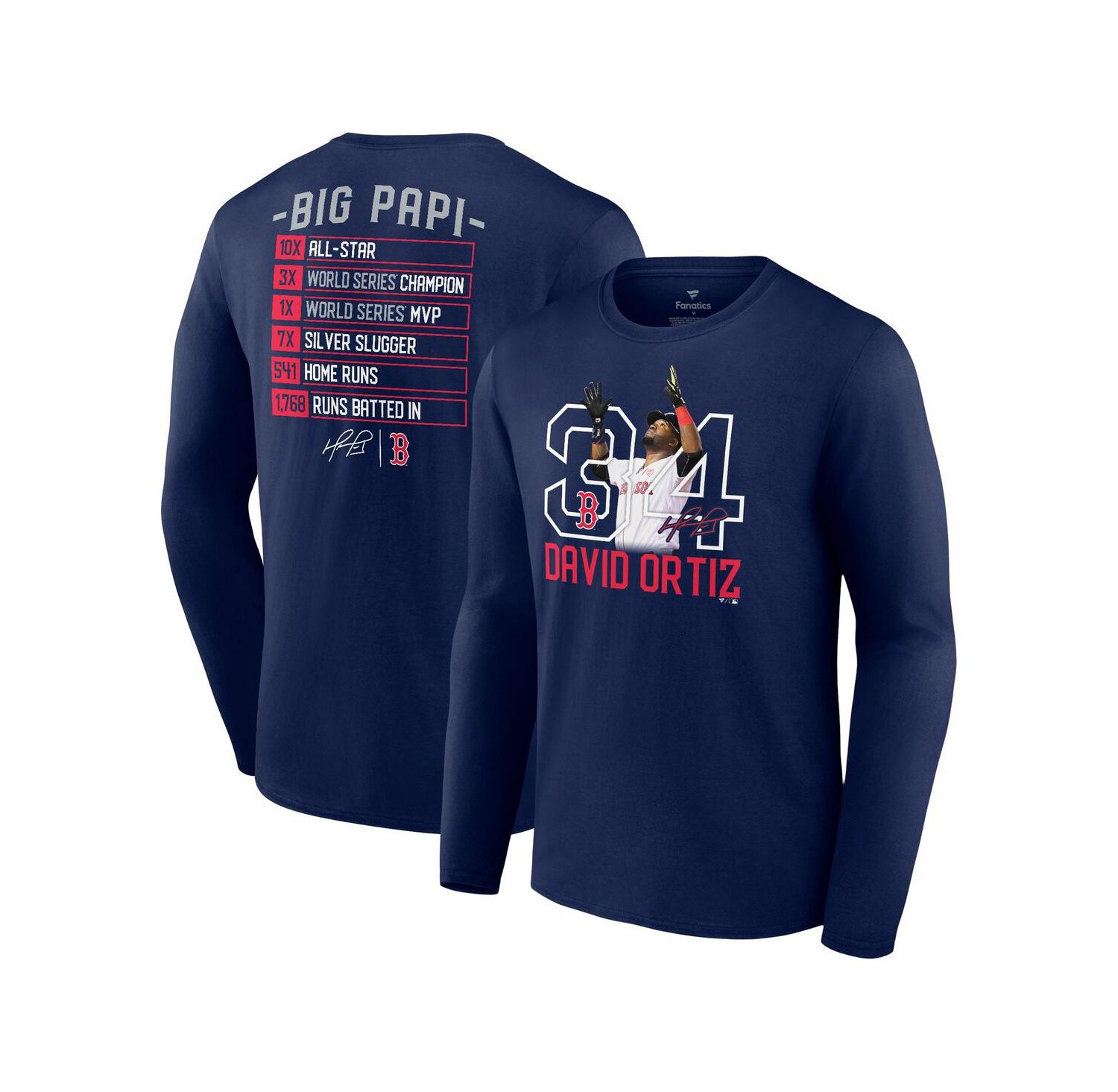 Men's David Ortiz Navy Boston Red Sox Stats Resume Long Sleeve T-shirt