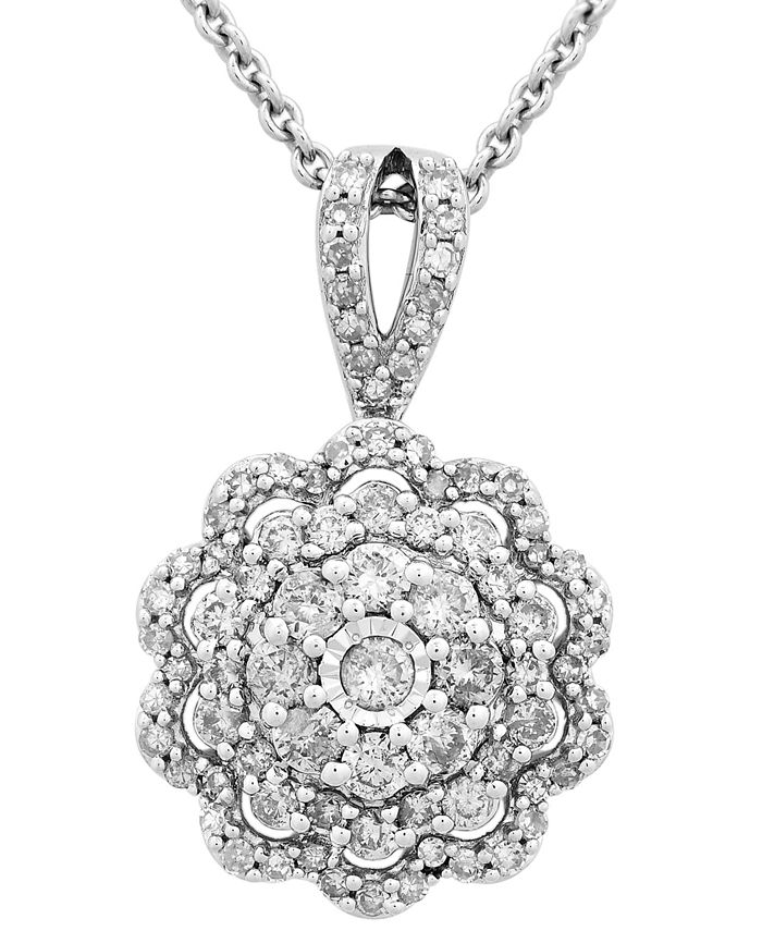 Diamond Flower Cluster Pendant Necklace (1/2 ct. t.w.) in 10k White Gold,  16 + 2 extender