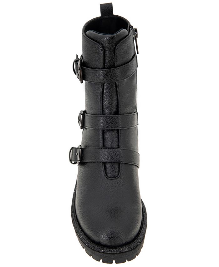 REACTION KENNETH COLE Womens Black Pull Tab Padded Buckle Accent Lug Sole Tate Round Toe Block Heel Zip-Up Moto main image 0