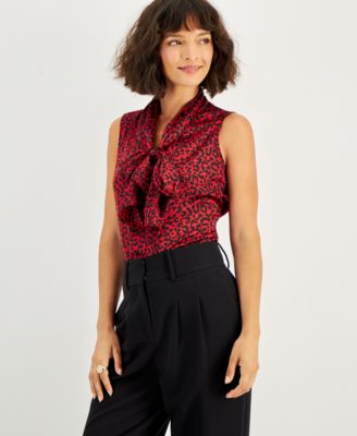 Bar III - Women's Animal-Print Tie-Neck Blouse