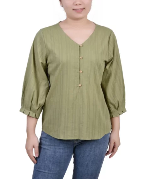 Petite Size 3/4 Sleeve Button Placket Jacquard Blouse - Sage