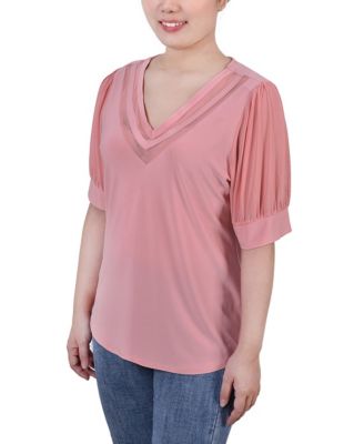 Petite Size Short Puff Sleeve V-neck Top