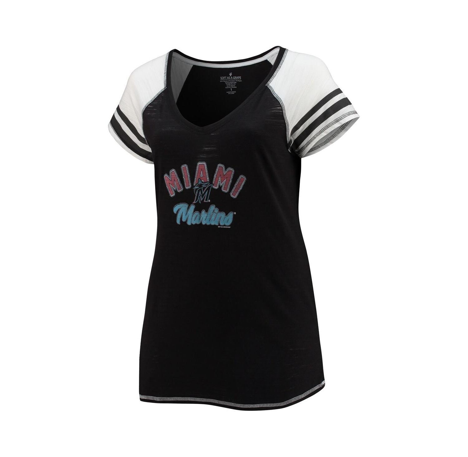 Women's Black Miami Marlins Curvy Colorblock Tri-Blend Raglan V-Neck T-shirt