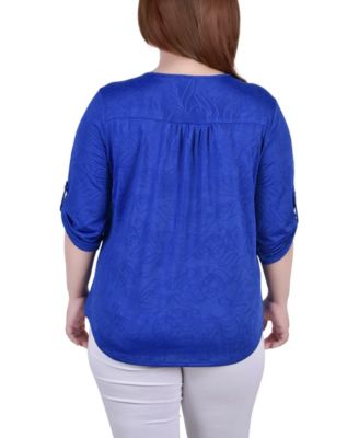 Plus Size 3/4 Roll Tab Zip Front Jacquard Knit Top