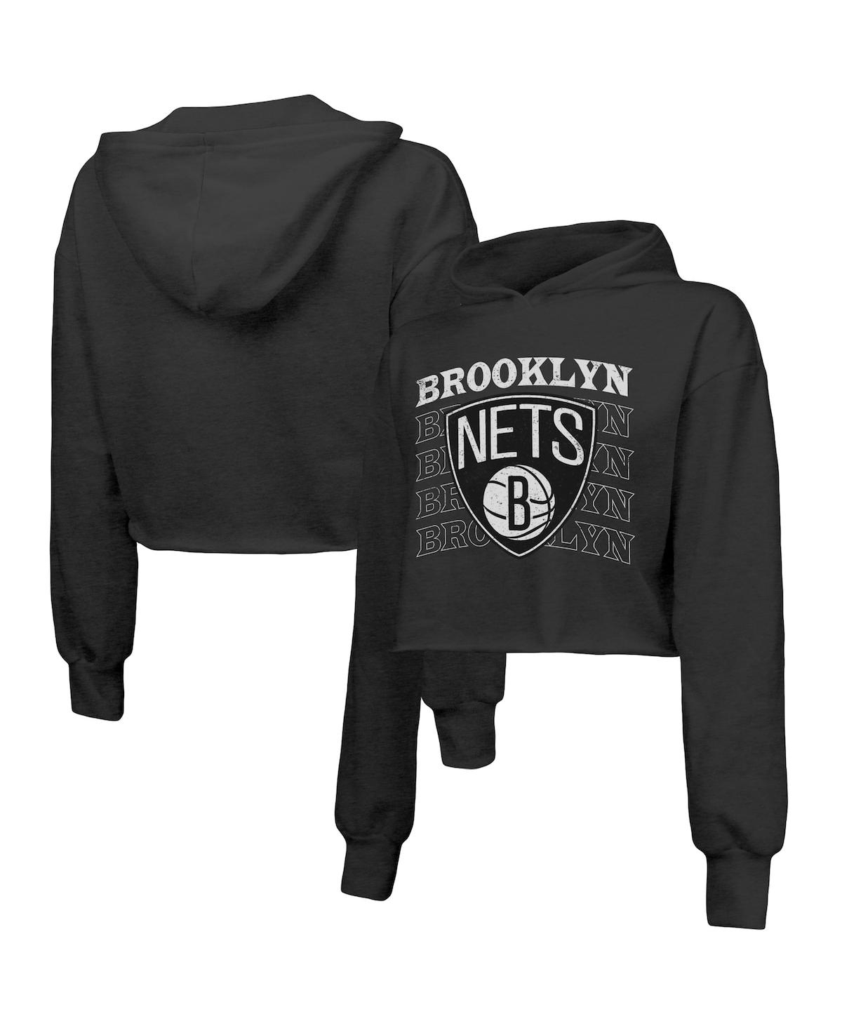 Women's Majestic Threads Black Brooklyn Nets Repeat Cropped Tri-Blend Pullover Hoodie - Black