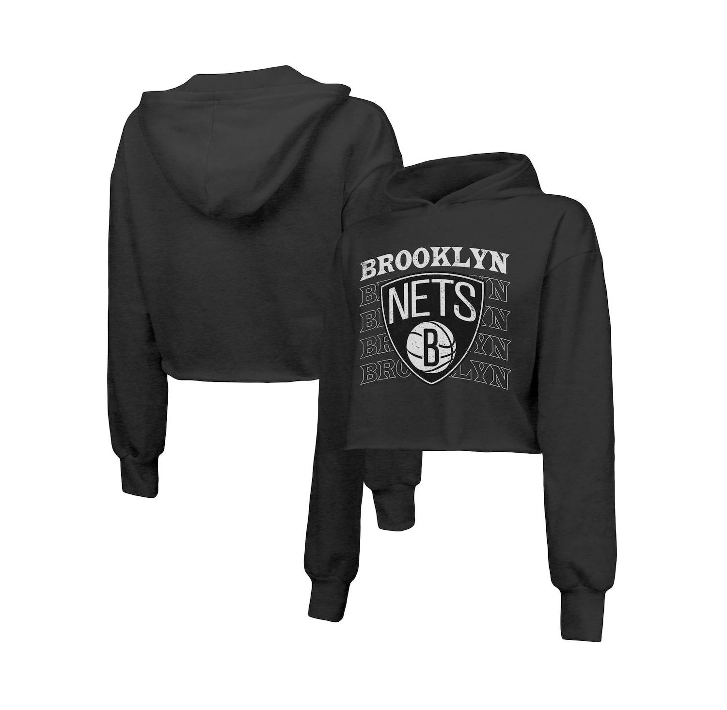 Women's Threads Black Brooklyn Nets Repeat Cropped Tri-Blend Pullover Hoodie