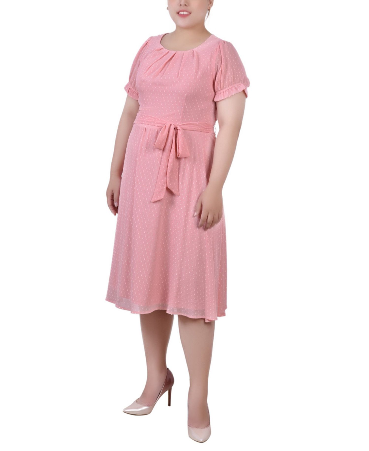 Petite Short Sleeve Belted Swiss Dot Dress