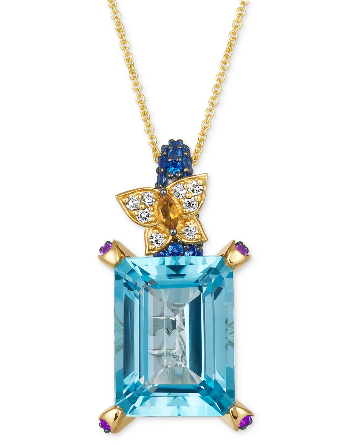 Crazy Collection Multi-Gemstone (12-1/2 ct. t.w.) & Diamond (1/10 ct. t.w.) Butterfly 20" Adjustable Pendant Necklace in 14k Gold - Blue Topaz