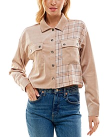 Juniors' Cropped Mixed Plaid & Corduroy Buttoned Top 