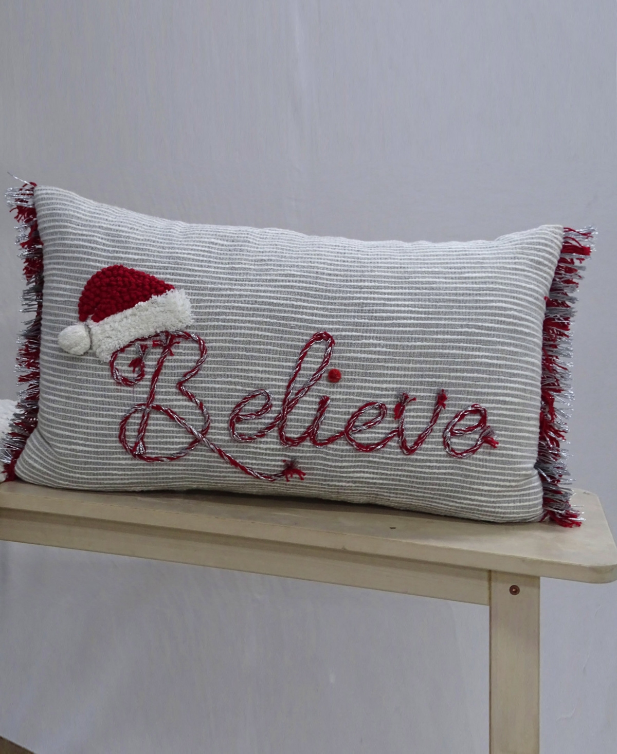 Vibhsa Christmas Pillow for Holidays-Believe, - Taupe, Red