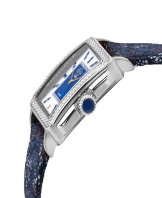 Women's Padova Gemstone Floral Swiss Quartz Italian Blue Leather Strap Watch 30mm