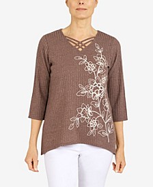 Women's Sorrento Asymmetric Floral Embroidered Ribbed Top