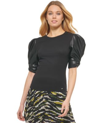 DKNY - Women's Faux-Leather Puffed-Sleeve Top