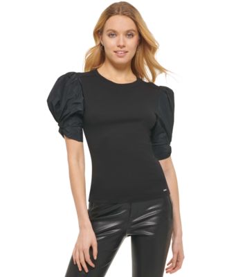 DKNY - Women's Crewneck Contrast Puff-Sleeve Top