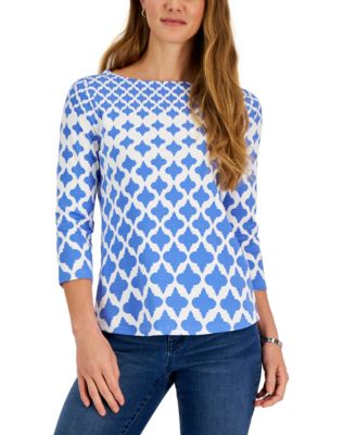 Women's Cotton Printed 3/4-Sleeve Boat-Neck Top