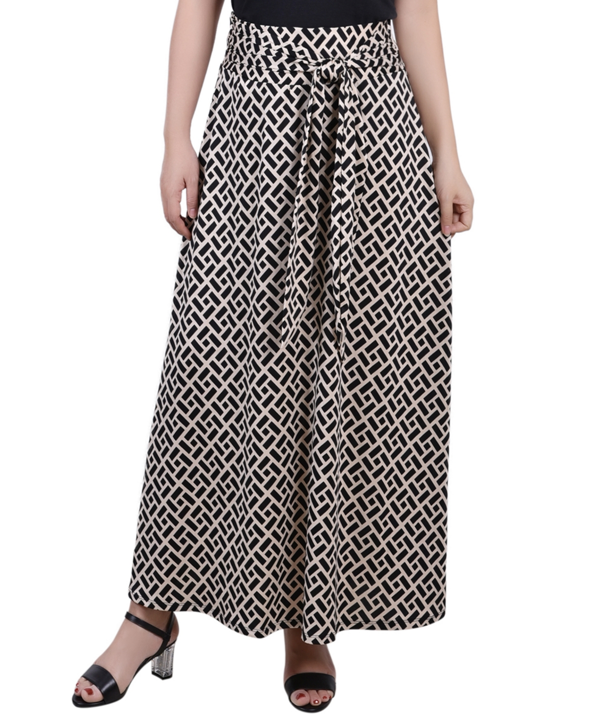 Ny Collection Petite Printed Maxi Skirt With Sash Waist Tie In Greek Key