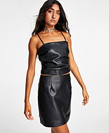 Women's Smocked-Back Faux-Leather Spaghetti-Strap Top