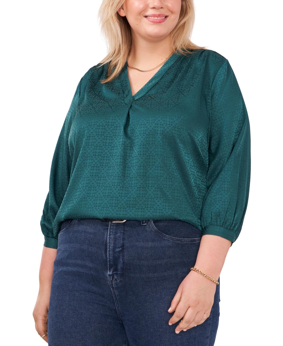 Vince Camuto Plus Size Jacquard Patterned Blouse In Rich Spruce