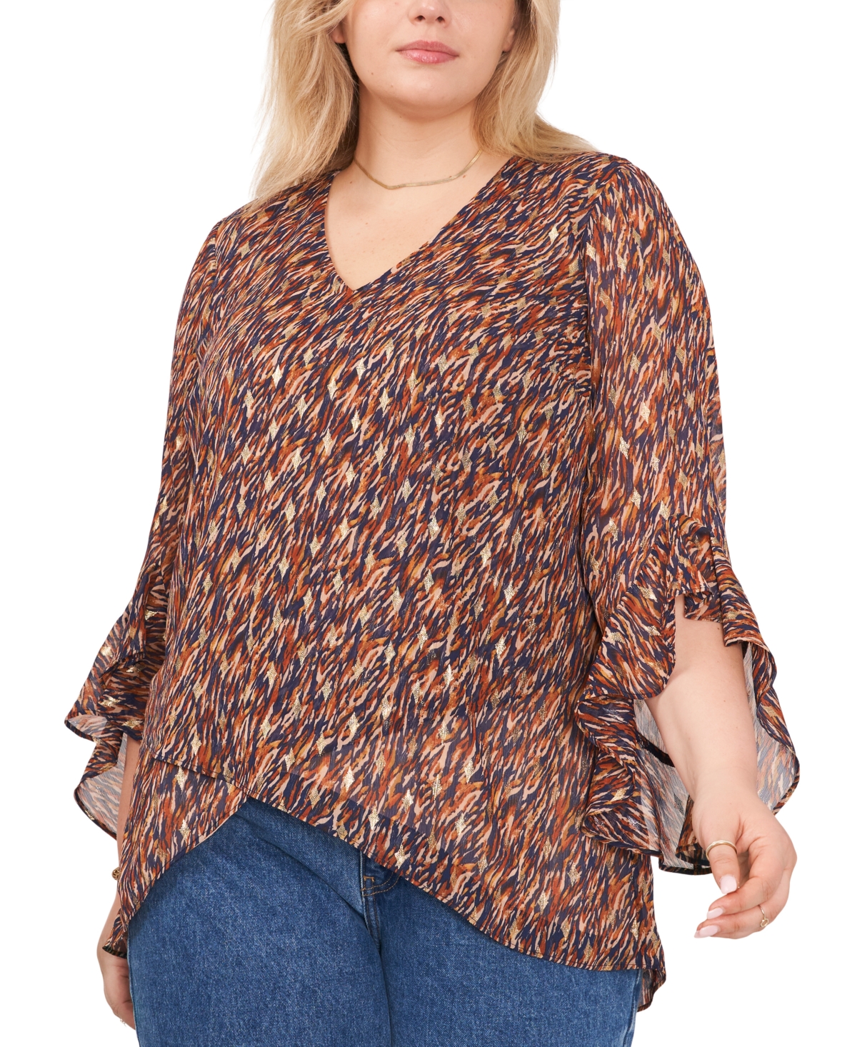 Vince Camuto Plus Size Printed Ruffle-Cuff 3/4-Sleeve Blouse