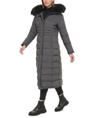 Faux-Fur-Trim Hooded Maxi Puffer Coat 
