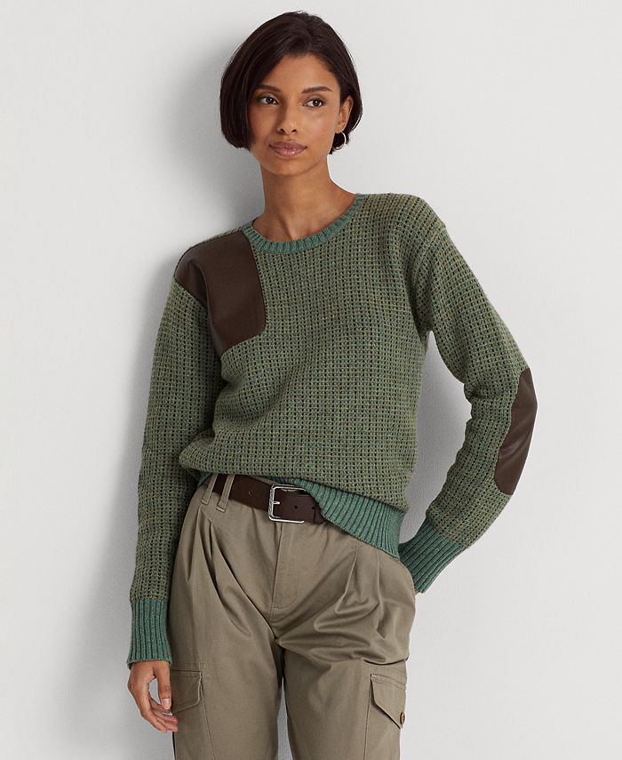 Lauren Ralph Lauren Faux-Leather-Trim Wool-Blend Sweater - Macy's
